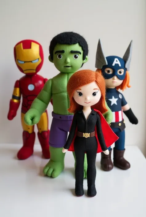 "Please, Create a set of Marvel, all standing. Include characters like Iron Man with his red and gold armor, the Hulk with green muscles and purple shorts, the Thor with his Mjolnir hammer and red cape, the Black Widow with her black costume and utility be...