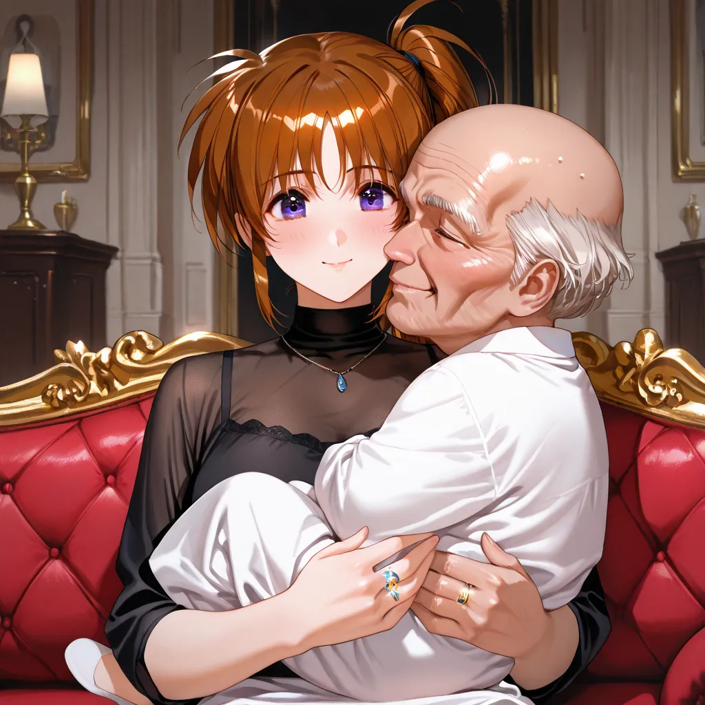 ((top quality)), ((masterpiece)), (details), （perfect face）、An adult, brown-haired Takamachi Nanoha holding a baby, is a couple who gently smiles and sits on a luxurious sofa in an old castle room, lovingly huddled and snuggled up with their husband's ugly...