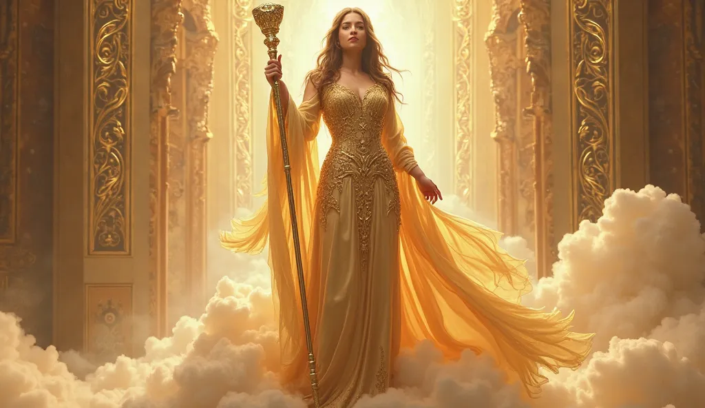 A regal goddess in a golden gown, holding a royal scepter, standing on a throne of clouds.