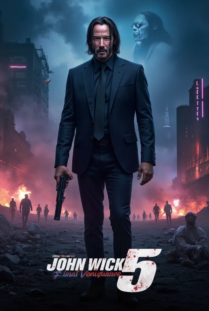 Design a dark, intense, and highly cinematic movie poster for "John Wick 5". At the center, occupying more than half of the poster space, is John Wick (Keanu Reeves) — standing with his black suit torn and bloodstained, his face bruised and scarred, yet hi...