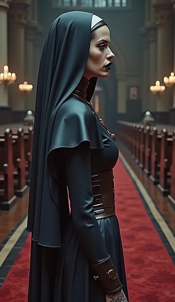 angelina jolie, view from profil, latex,  latex nun uniform, long latex nun dresse latex dark blue and red brown, REVERENCE LATEX RUBBER HEADPIEce dark blue latex red brown latex, corset latex brown red, platform stilettos vinyl red blood, black shinny lip...