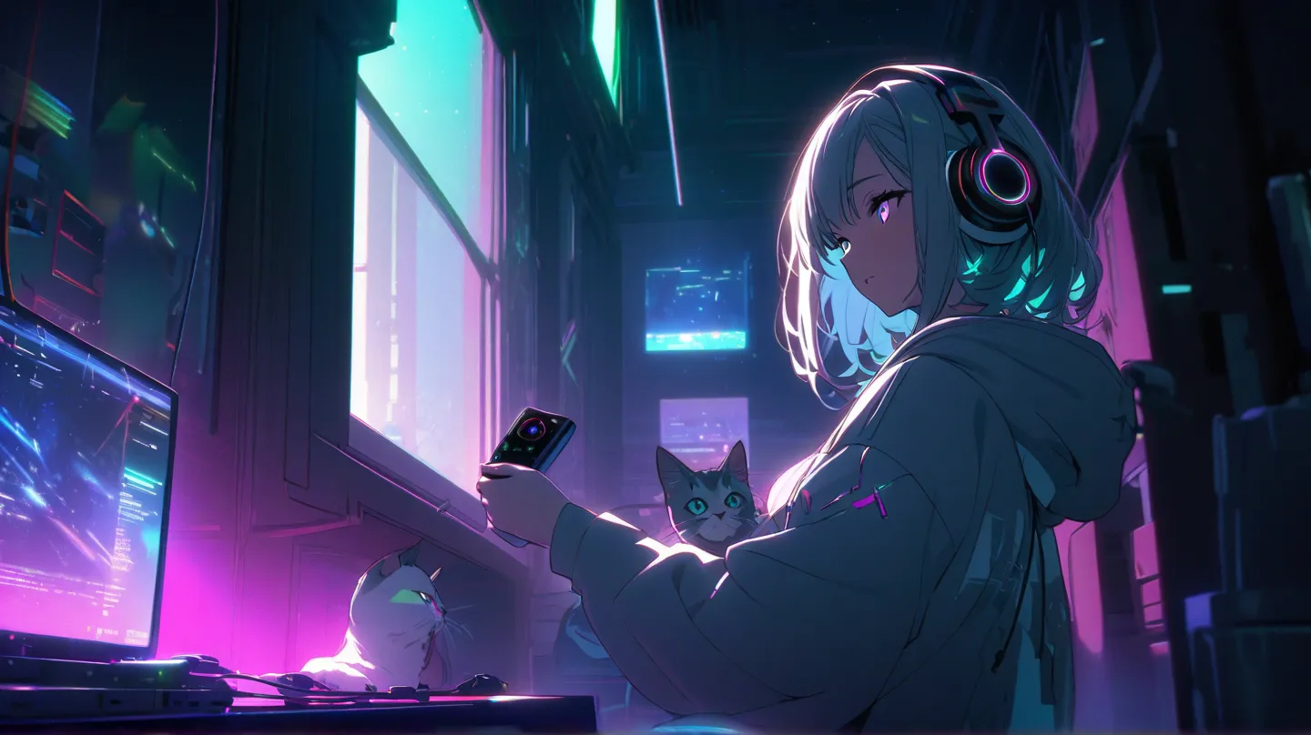  in white for summer very detailed ,  1 girl with an Oracle, her hair color is black.、 cyberpunk hoodie,offensive headphones  , RGB lighting      ヘッドフォン  s with White light,     headphones with cable, White light, inorganic room, Night I can see a beautifu...