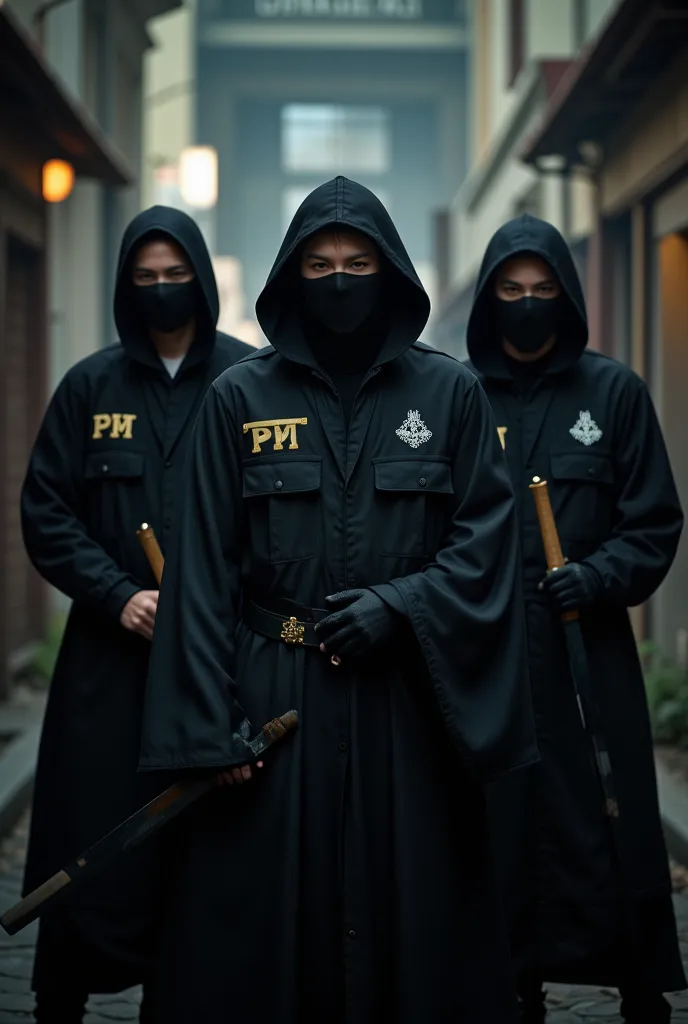 Men dressed in black with PPM lettering and masks carry mandau sword on shoulder with hornbeam logo on vest