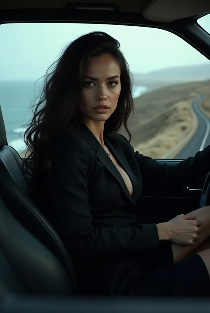 Turn of the coast white woman with long black hair slightly wavy expressive with bold and athletic style wearing a closed black coat dress sitting behind a wheel on a deserted road 