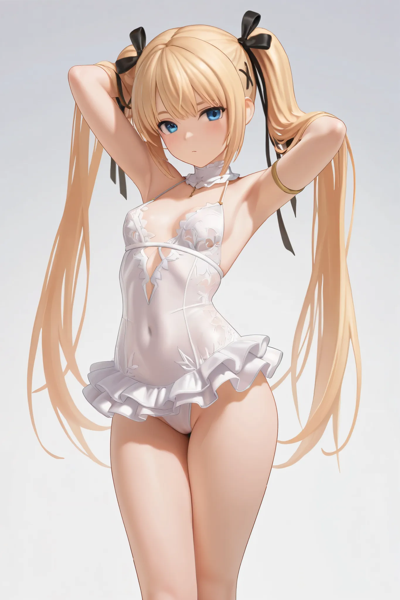 NSFW,masterpiece,top quality,high resolution,in white for summer very detailed, Marie Rose(dead or alive), Gold,long hair、twin tails, lace dress,tight dress, mini dress 