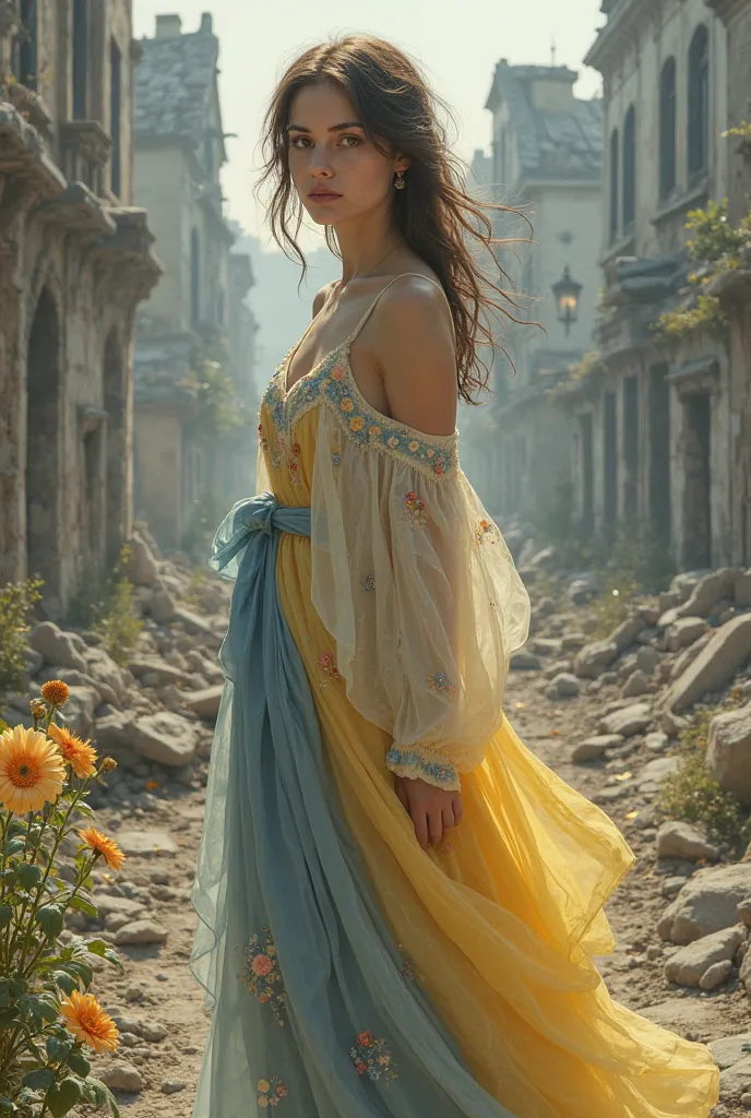 Ukrainian woman in a delicate yellow blue dress in wounds and one piece flowers on the background ,warm,and the rest of the background of the ruins