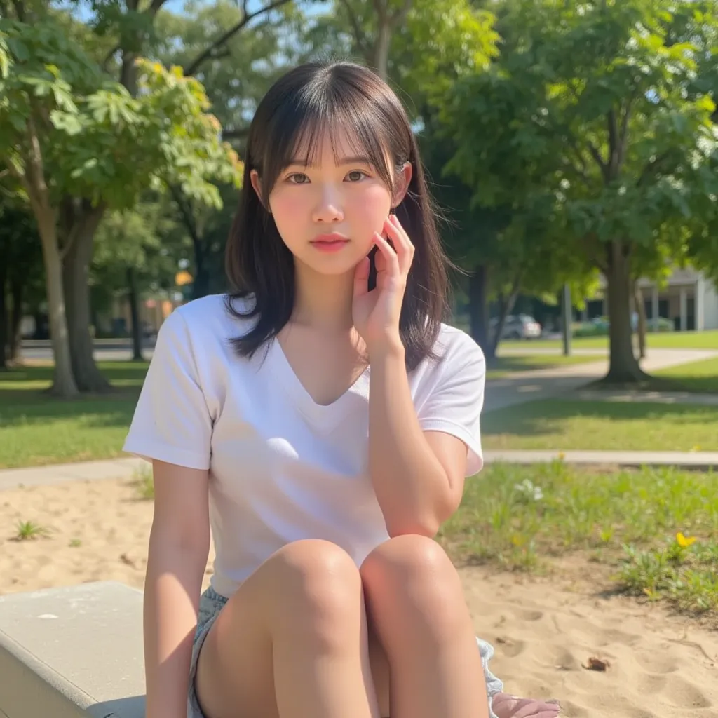 High-resolution photo of a beautiful age girl with fair skin, sitting on a long bench in a green park. She wears a fitted T-shirt of any color and a short skirt, her legs unintentionally spread open to reveal her underwear, one hand touching her shoulder a...