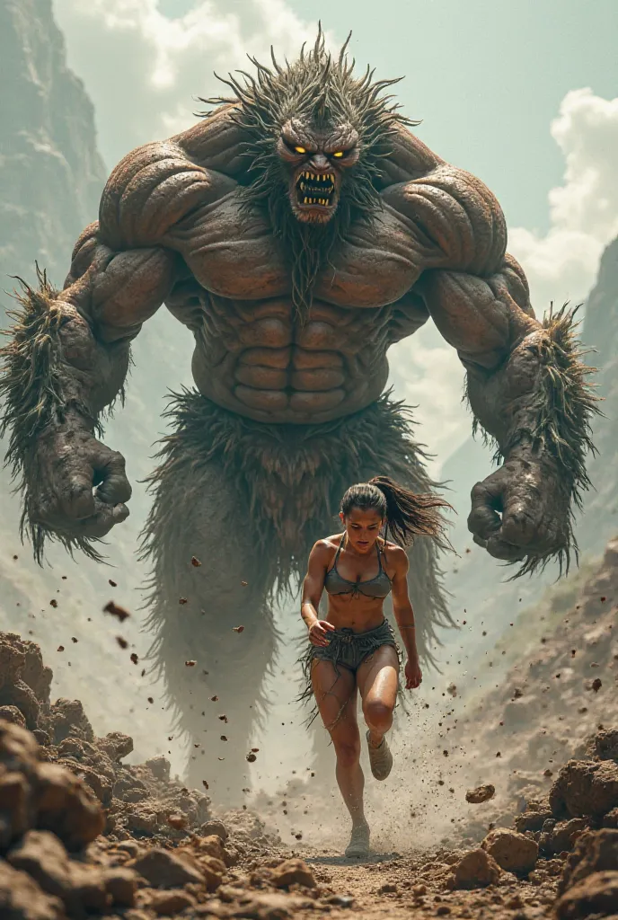 "FofaKu, a giant, ultra-muscular monster, with bulging veins and battle scars. His fierce gaze shines,  showing sharp fangs . He wears only ripped shorts, revealing his bodybuilder body.  The surrounding scenery is in ruins , proof of his brutal strength."...