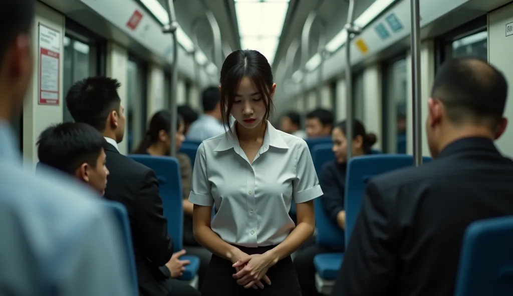 (Harassment: 1.5),  1 girl  , (full body field), 1 man, (((Office lady is harassed: 1.5))), (beautiful), ( wajah beautiful : 1.5), the girl had her hands tied behind her back, Crying girl, ( office lady uniform  : 1.2), (  on a crowded Japanese train : 1.5...