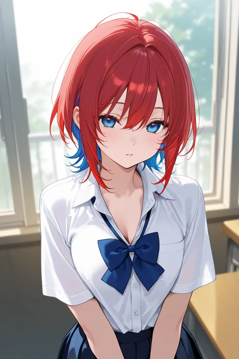 woman、red hair、Two Tone Hair、blue eyes、school uniform、 wide open chest