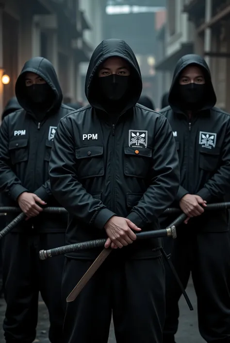 Men dressed in black with PPM lettering and masks carry mandau sword on shoulder with hornbeam logo on vest