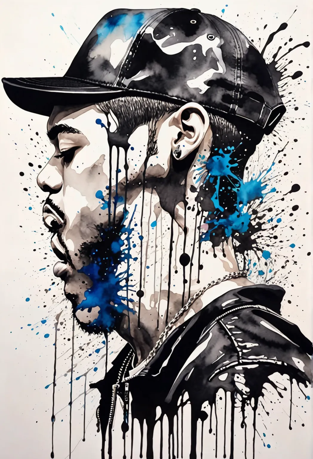 liquid ink painting，Ink Splashing,  Anna Dietman Style,litter boy，, ink art, Side View,in style of Hip Hop fashion design 