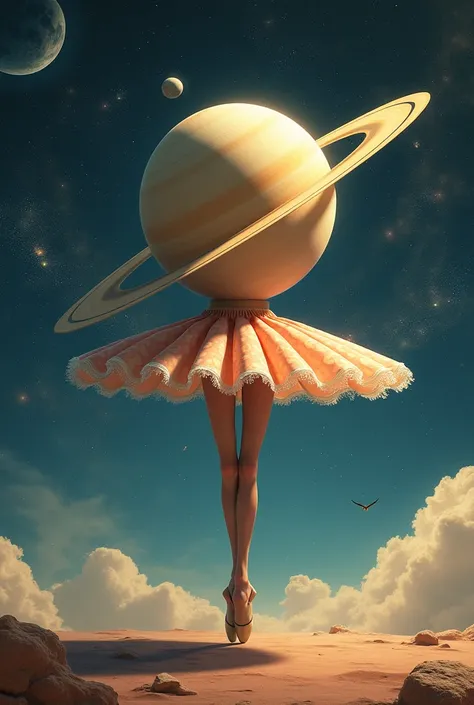 Draw the planet Saturn as if it has legs as a planet, plus I definitely want your face to be, can you design the circle around it like a ballerina skirt 