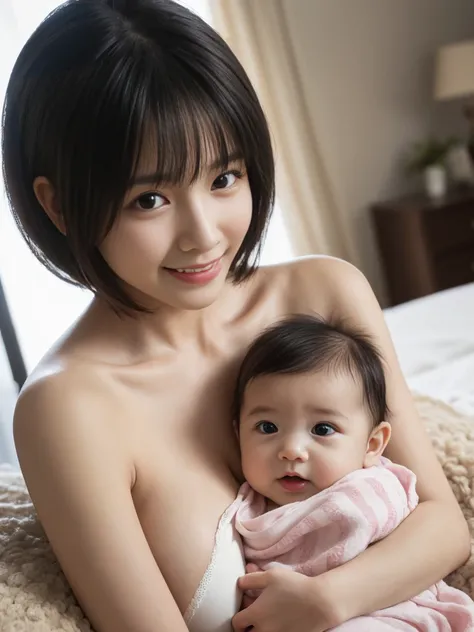 Japanese、 naked women、babies for breeding species、Breastfeeding、short hair、(masterpiece、top quality:1.2)、 Ultra High Resolution 、(photorealistic:1.4)、More、Cinema Lighting、smile、Breastfeeding室、mom showing boobs、乳首を咥えているbabies for breeding species、