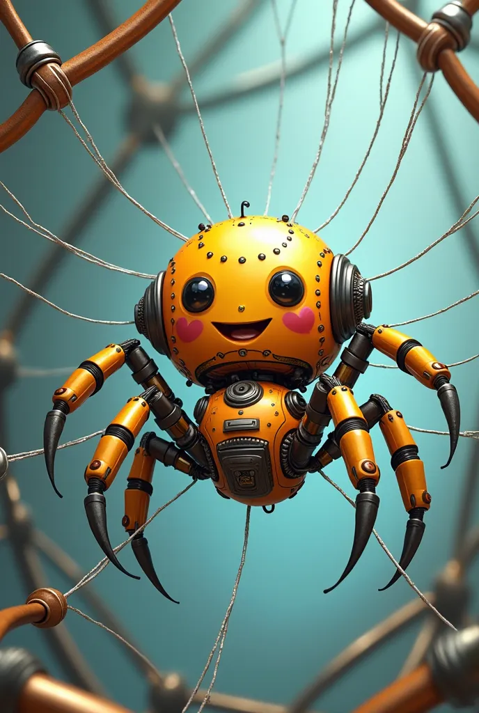 Create a, in cartoon style, that is of a spider in the shape of a happy little robot, on a metal web