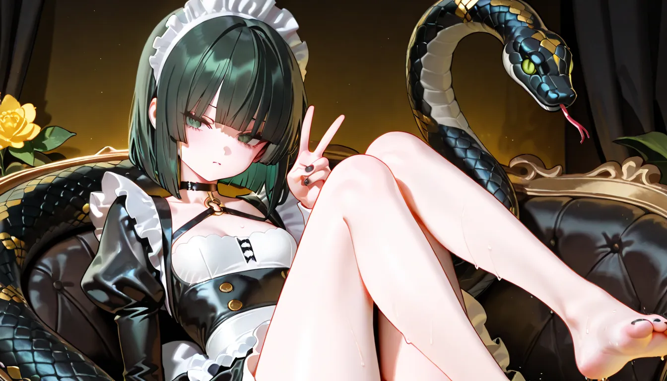 1girl, dark green eyes, black short stright hair, straight bob, straight bangs, hime cut, small Breast, maid clothes, big long snake, cropped top, slit long maid skirt, secretary, flower pettern clothes, Choker, bare legs, foot, black nail polish, slender ...