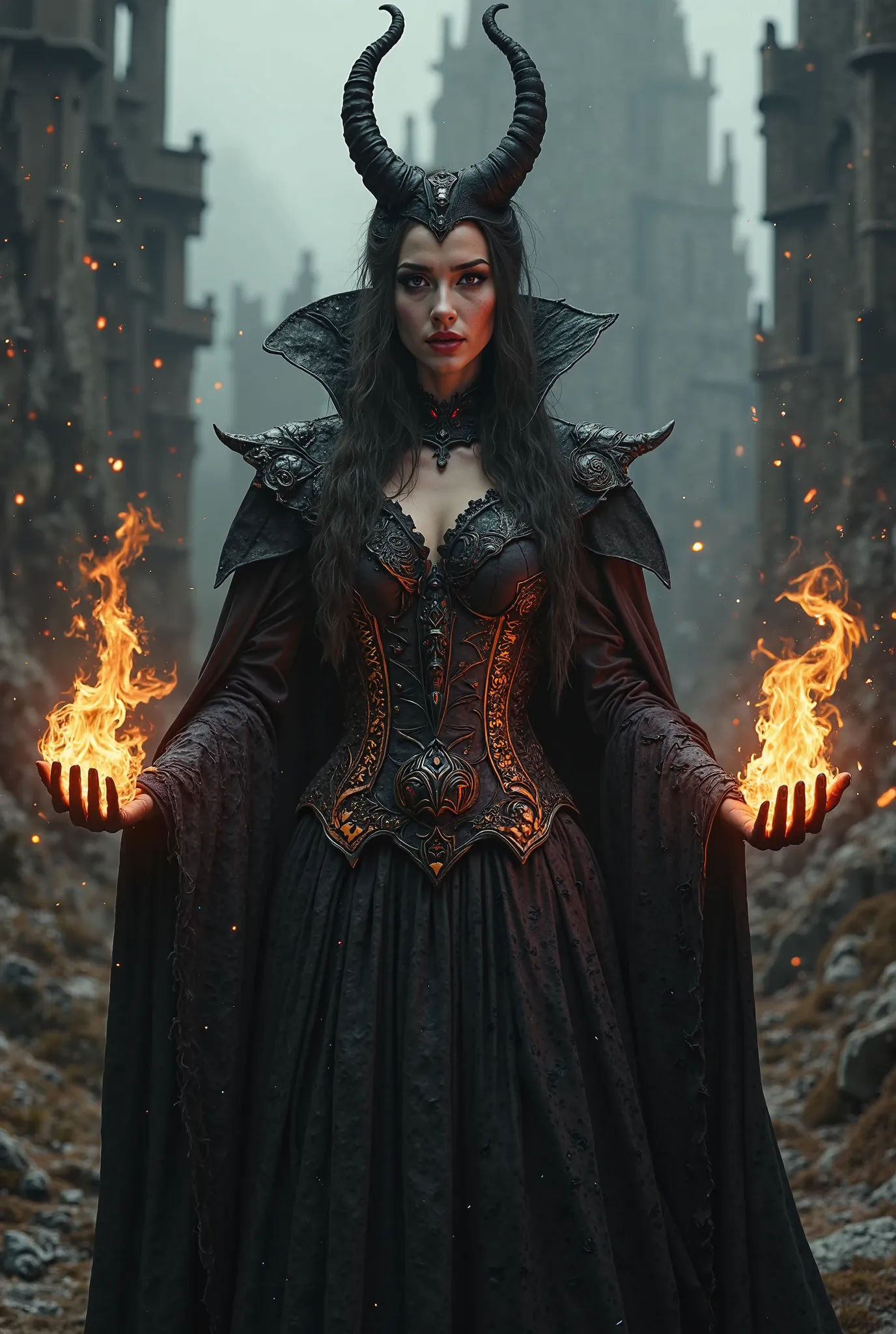  dark queen ,  dark makeup , Dark castle background, angry and sinister smile, dark fire in your hands,  Realistic art,  photograph  