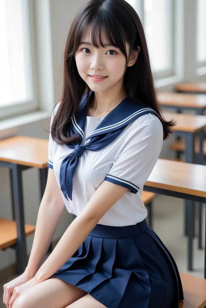 More、high resolution、 oily skin、Double、HIGH SCHOOL GIRLS、long hair、 black hair、the most beautiful woman in the world、beautiful girl、１６talent、１people、school uniform、sailor suit、navy blue skirt、miniskirt、Pleated Skirts、Skirt flipped up、School Classroom、sitti...