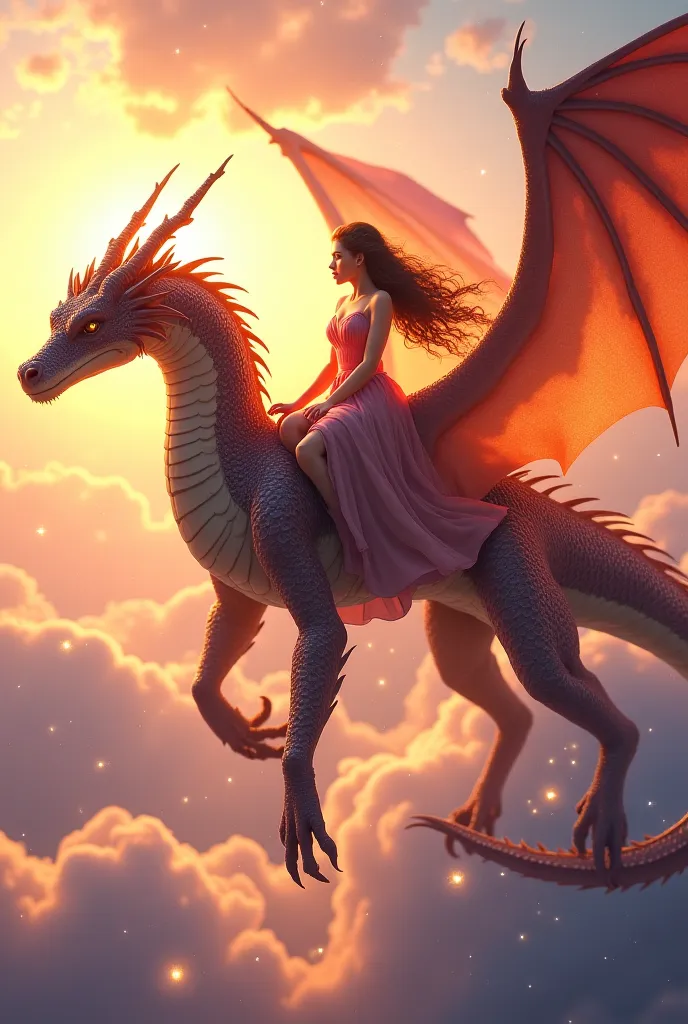 A princess with curly hair is riding a dragon king in the sky.