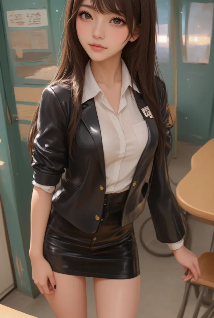 Beautiful high school girl with long dark hair, black eyes, Big Breasts, (thighs, Panties:1.5), (bangs:1.5), (jacket, blazer, Skirt:1.5), masterpiece, top quality, Super Detail