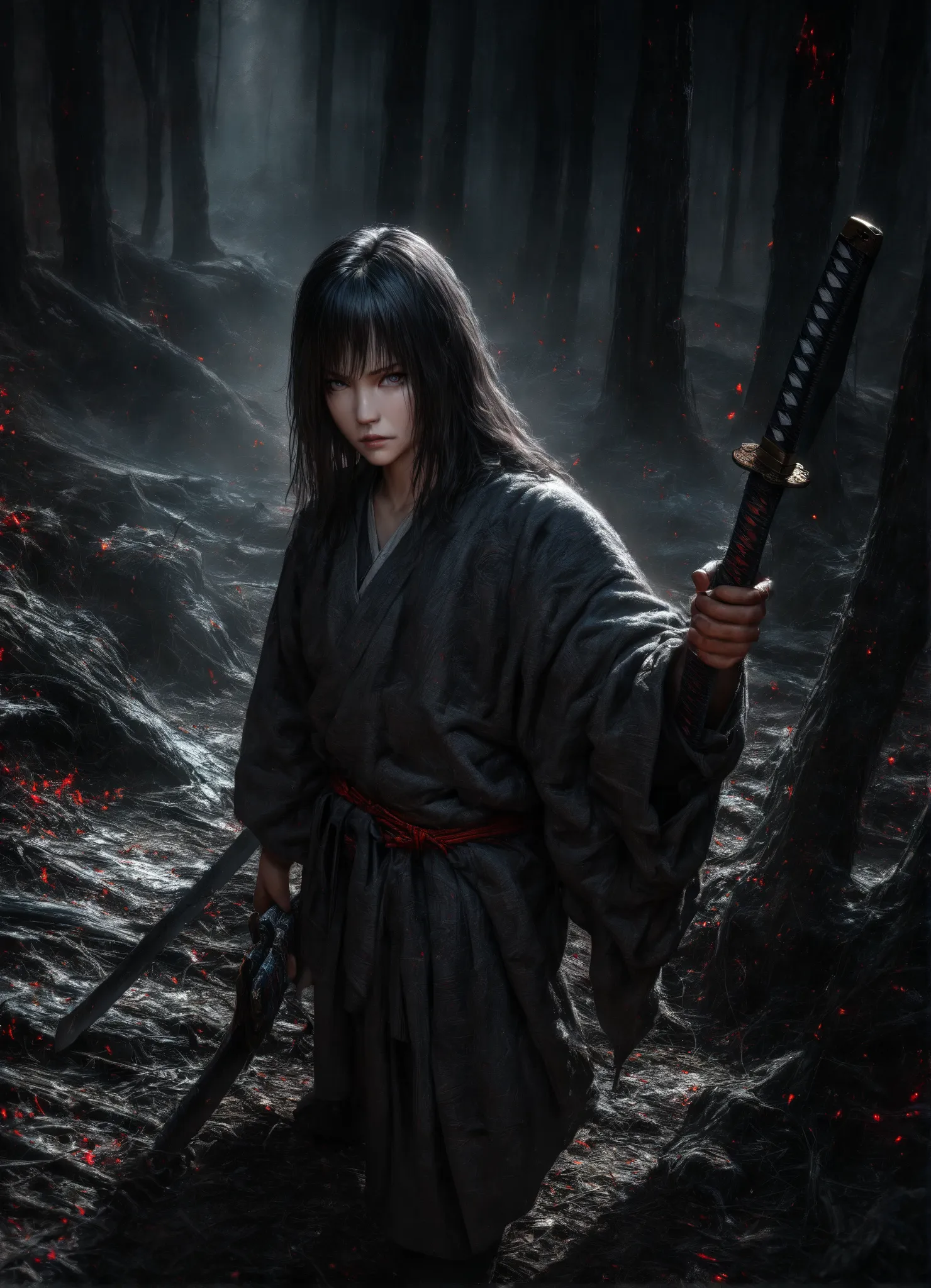 youth with calm face,  Dark male , Dark Woods, red & black color, pale eyes, samurai dnd , ronin background, holding a katana in hand , high quality, masterpiece, 8k, ultra-detailed, realistic, HDR, studio lighting, ultra-fine painting, professional, vivid...