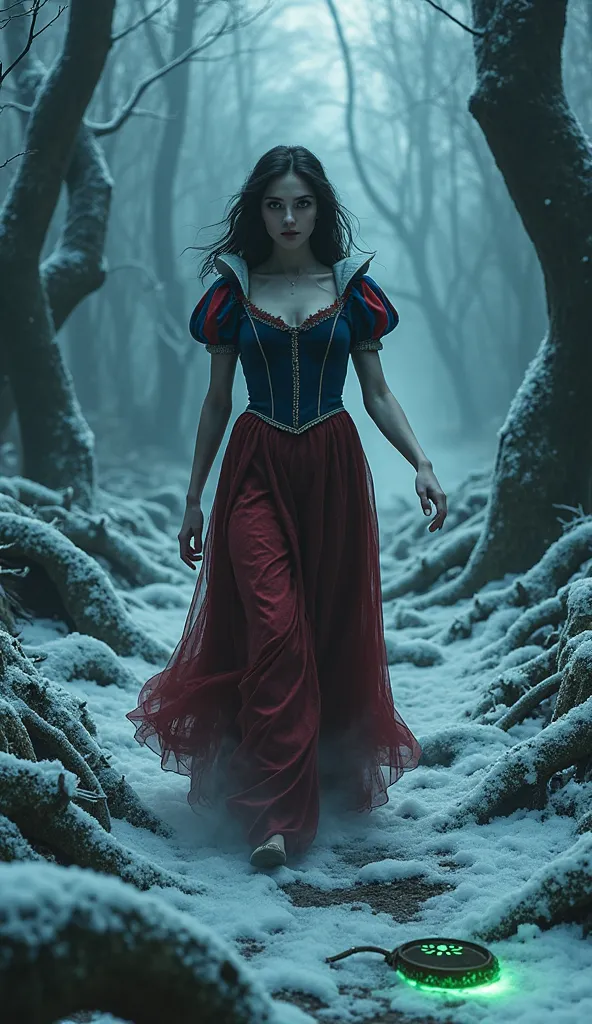 "A full-body vision of Snow White slowly approaching, her movement graceful yet eerie. She is dressed in a tattered yet regal gown, its once-bright colors faded to muted blues and deep crimson. Her pale skin contrasts with her dark, flowing hair, and her e...