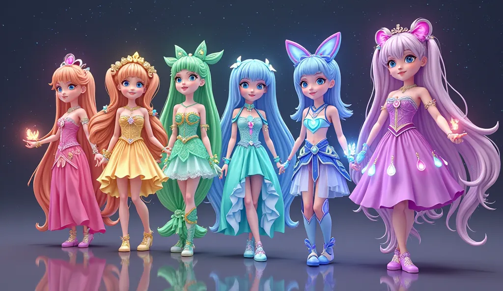 Make a group of 5 girls with magic stones, They are magic fairies super heroes, each stone is a different color and a different power, Use references on Star Guardians' clothes (de league of legends) Use references also from the cartoon Sailor Moon