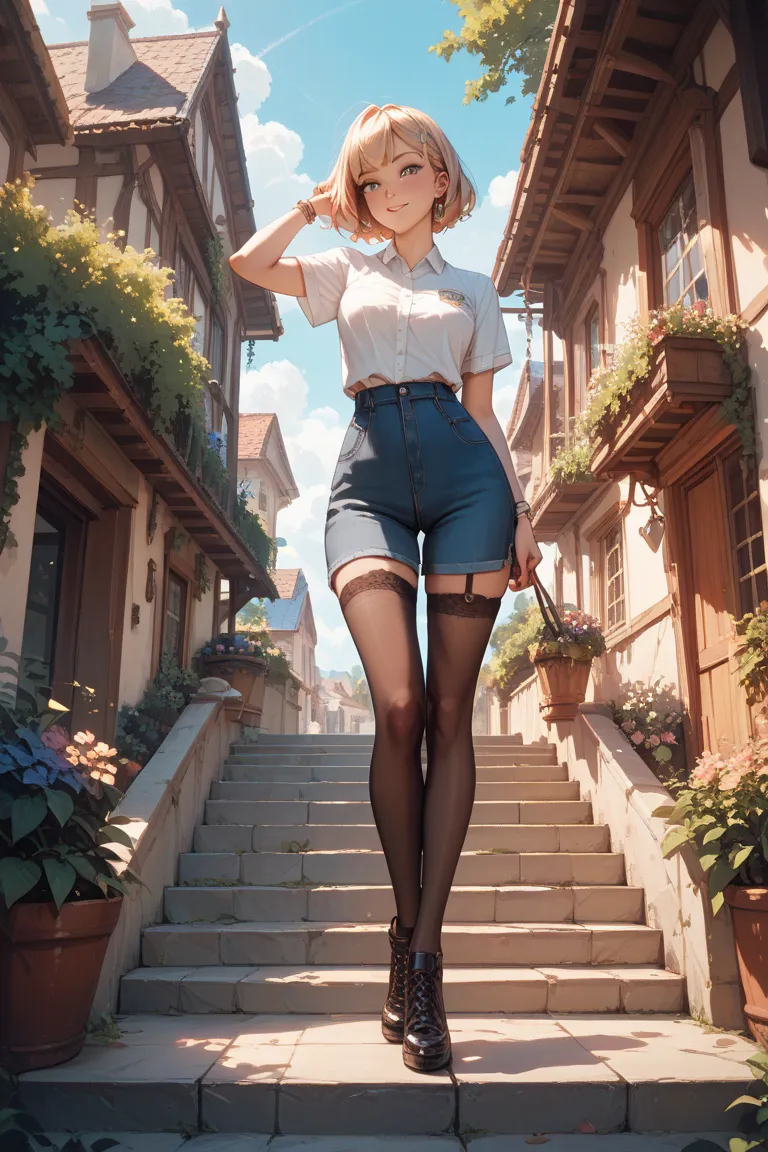 Stand sideways on the steps，Big and firm butt，sexy，Slender，Straight ，Black stockings and long legs，Upward Shot