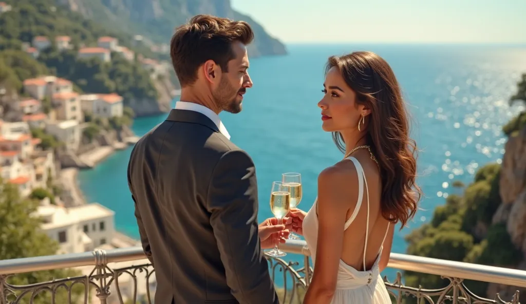 A couple in their 30s on a balcony overlooking the Amalfi Coast, champagne glasses in hand, but the woman is glancing sideways rather than at her husband