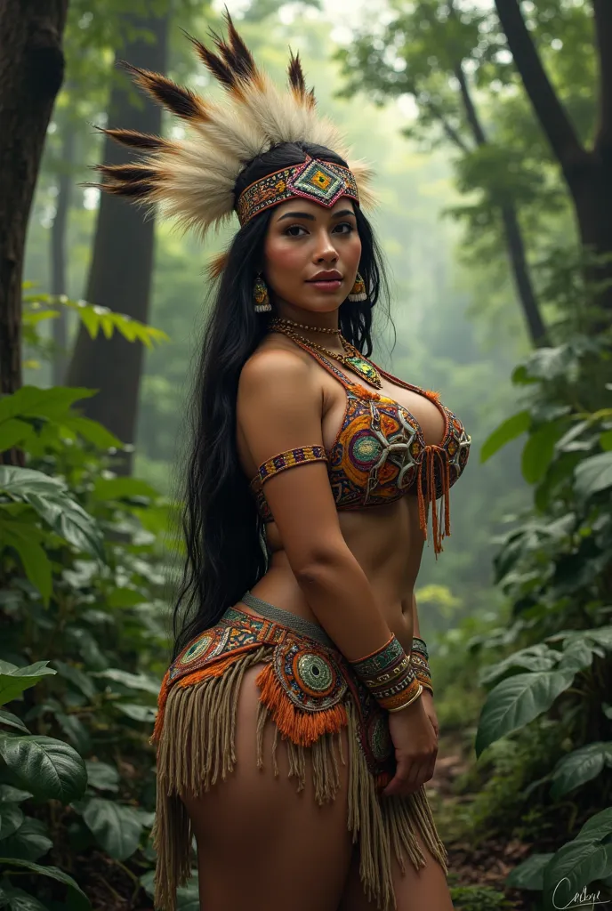 Latin girl as an indigenous North American, typical indigenous clothing, in a forest ((Bimbo))