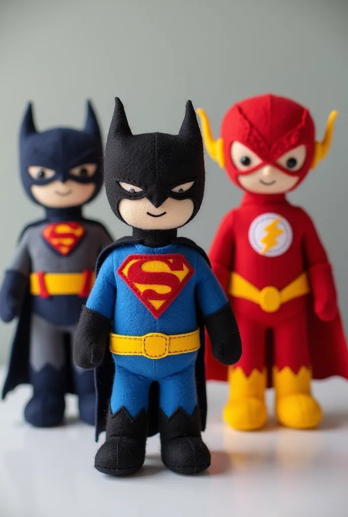 "Please, create a set of DC felt dolls, all standing. Include characters like Batman, superman, flash. All dolls must be standing, with visible seams and cute expressions, as if they were handmade. The style must be handmade and unique, felt dolls capturin...