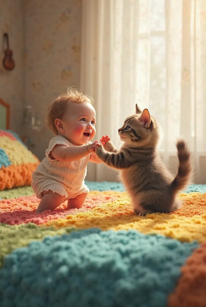 Baby and a cat jumping on a colorful bed