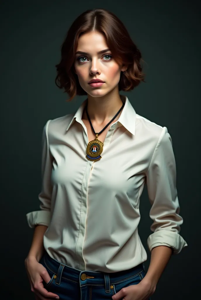 Short brown-haired green-eyed brunette woman. wears a white blouse and jeans she has an FBI detective badge around her neck. Realistic photo.  Dark background 