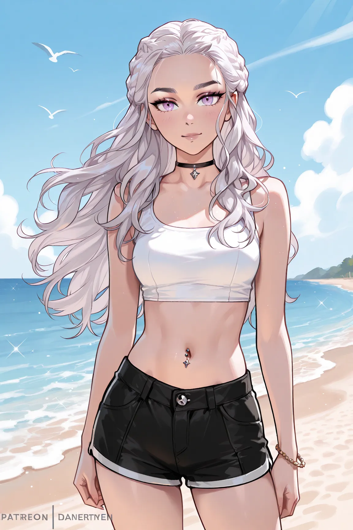 Daenerys Targaryen, white midriff tanktop, navel piercing, black short shorts, beach modelshoot 