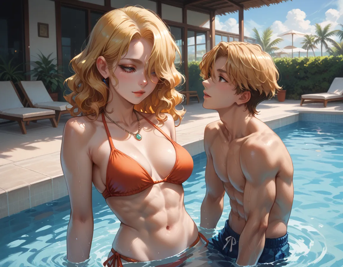 medium breasts,abs,medium hair,wavy hair,yellow hair,hair over one eye,bikini,necklace,pool,1boy,1girl