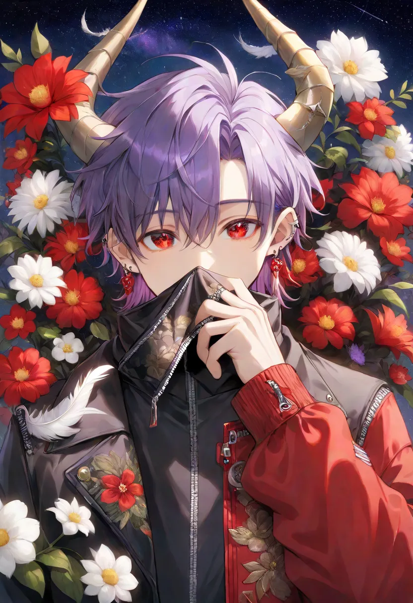 male,   alone, smile,  Age Group   , bungs,    Red Eyes ,      Long Sleeve,   çµç¹        ,         jewelry,    jacket  ,    upper body, flower,   Purple Hair, cowboy shooting,    earrings, Horn,         medium hair   ,    off the shoulder  , black    jack...