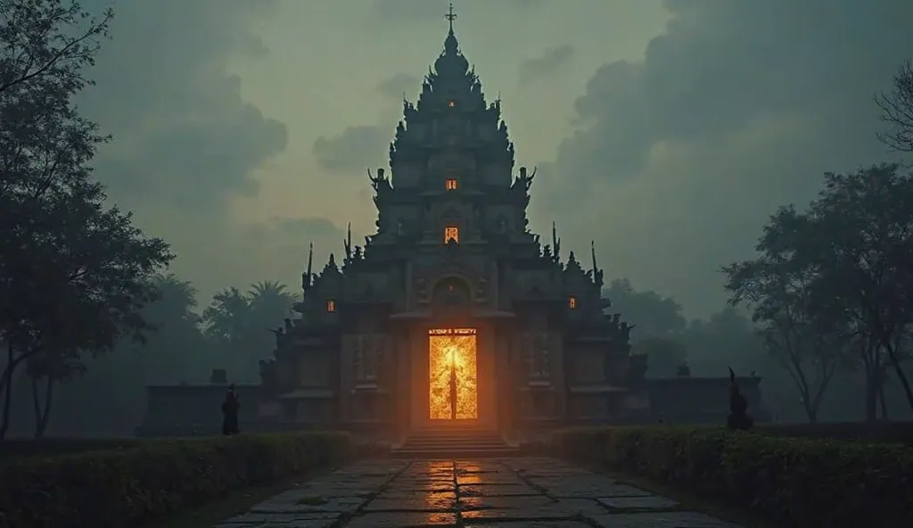 A picture of Al Temple in Malang in a mysterious and historic setting, with twilight lighting or golden light effect to give a magnificent impression. Garudeya reliefs in the temple are clarified, highlights details of its mythological story. Background ca...