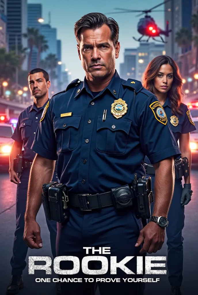 Design a bold, dramatic, and character-driven poster for "The Rookie". At the center, occupying more than half of the poster space, is John Nolan (Nathan Fillion) — wearing his LAPD uniform, his badge gleaming under the city lights. His expression is deter...