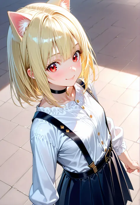 ■構図■view from above,She is positioned in the center of the image,■People■(Beautiful Girl Who Cosplay as a cat:1.0),(loli:1), ■顔■Innocent smile,blonde bobcut,(detailed blonde eyelashes:1.1),looking at viewer, ■Body Type■Skinny,perky breasts,small breasts, ,...