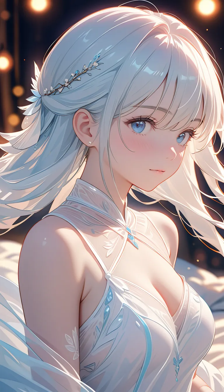 ((High resolution, accurate, Best Quality, Anatomically correct, masterpiece,16k, Wallpaper, Detail lights, Detailed shadows)), raw, DOF, Bokeh, moya, particles of light, (delicate skin), 1 girl, white hair, White sexy transparent dress, Eye close-up, bed