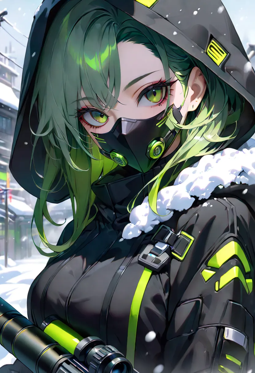 ((  top quality)), ((  masterpiece)), (   details), (( woman)), ( womanの子), ((            sniper            )), (  green hair), (  black hood  ), ((      mask up      )), ( ), ((chic)), (snow), (  Cyberpunk)