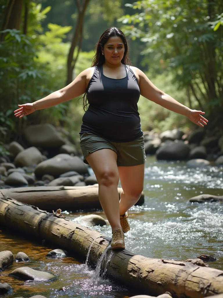 A 27 years old ,matured,american white woman with A medium sized chubby body,, ivory white round-shaped face.

She and her husband. Outfit: A tight fitted trekking top tucked into mini cargo shorts.
✅ Pose: She is stretching her arms for balance while care...