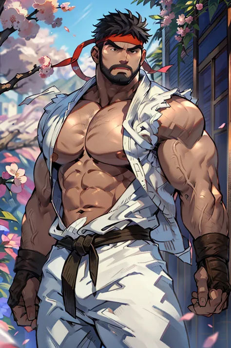 (masterpiece, best quality:1.2), cowboy shot, solo, male focus, 1boy, ryu \(sf\), middle age, serious, closed mouth, white skin, looking at viewer, black hair, black beard, detailed face tall, hunk, muscular, wide shoulder, big physique, wearing big white ...