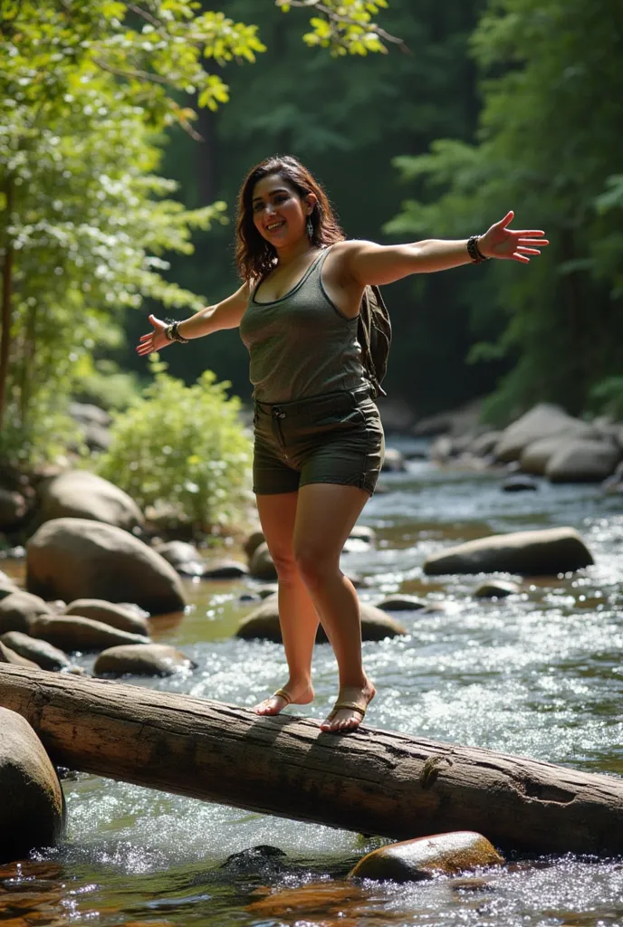 A 27 years old ,matured,american white woman with A medium sized chubby body,, ivory white round-shaped face.

She and her husband. Outfit: A tight fitted trekking top tucked into mini cargo shorts.
✅ Pose: She is stretching her arms for balance while care...