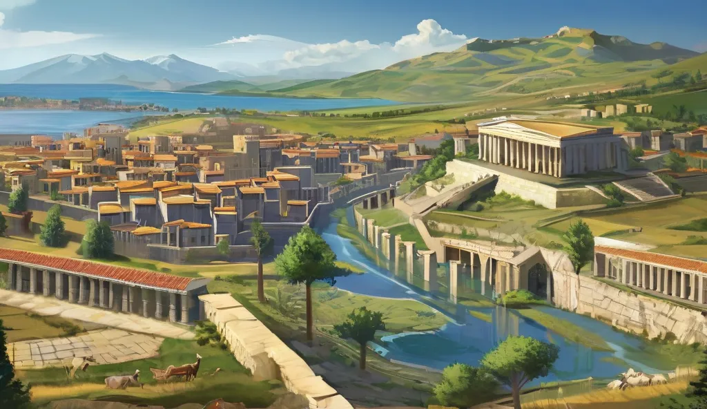 Design a detailed, vibrant artwork set in ancient Macedonia. Focus on the city of Pella in 356 BC, Alexander the Great’s birthplace. Integrate an image of King Philip II, depicted as a formidable and battle-hardened leader, whose strength and authority def...