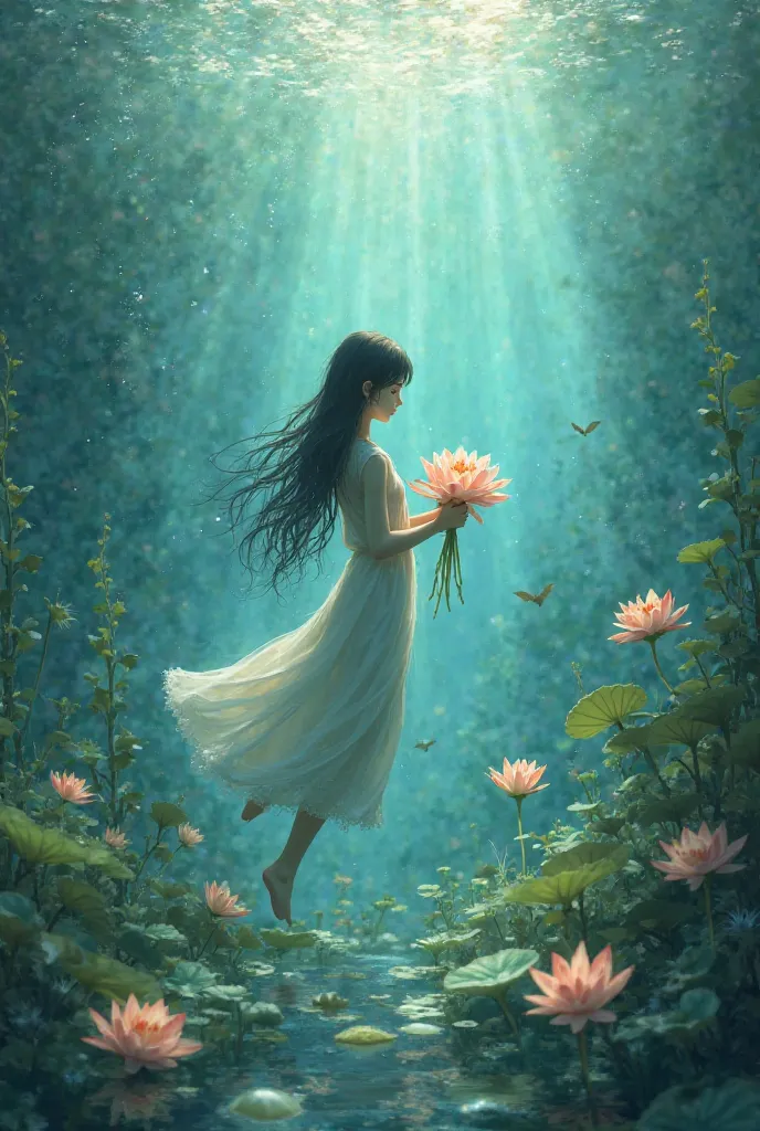 Create me a picture where a girl ties a bouquet full of water lilies underwater