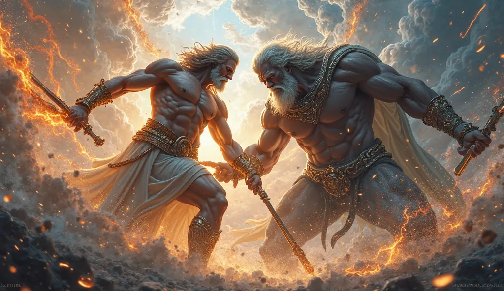 A battle between Zeus and Kronos, their weapons clashing in an explosion of divine energy.