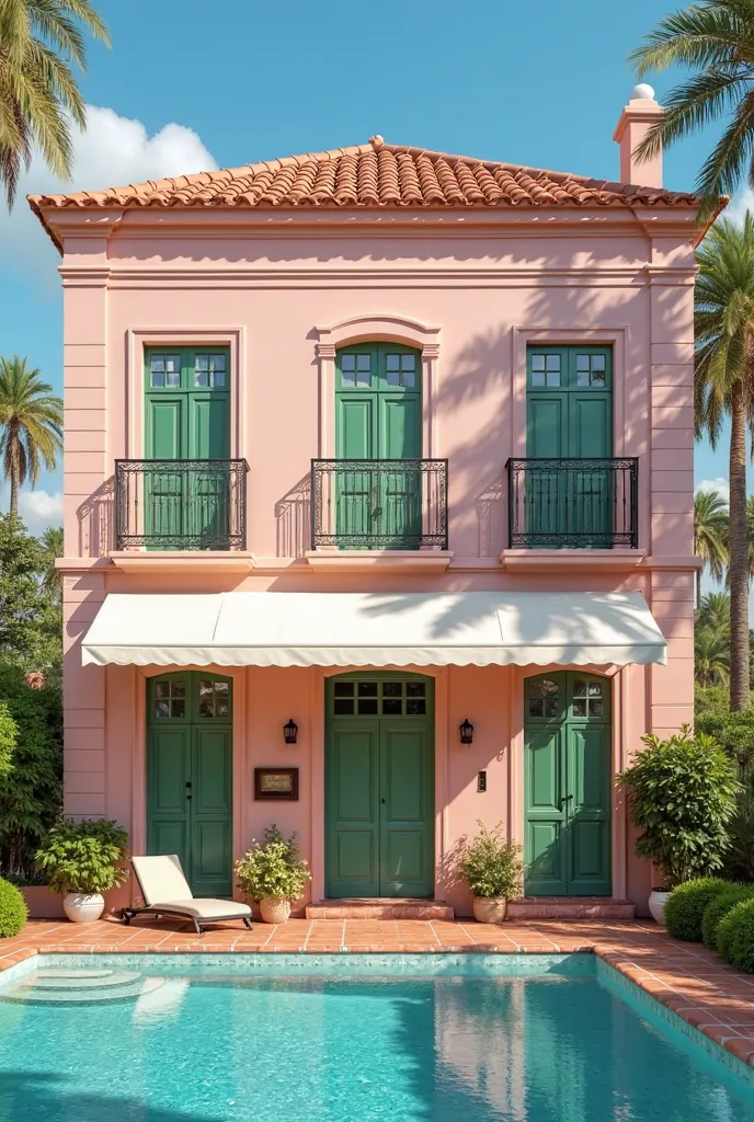 pink house, with rectangular windows and green glazing on the window, Three-story house, with beige colonial ceiling, white awning on the ground floor, with swimming pool 