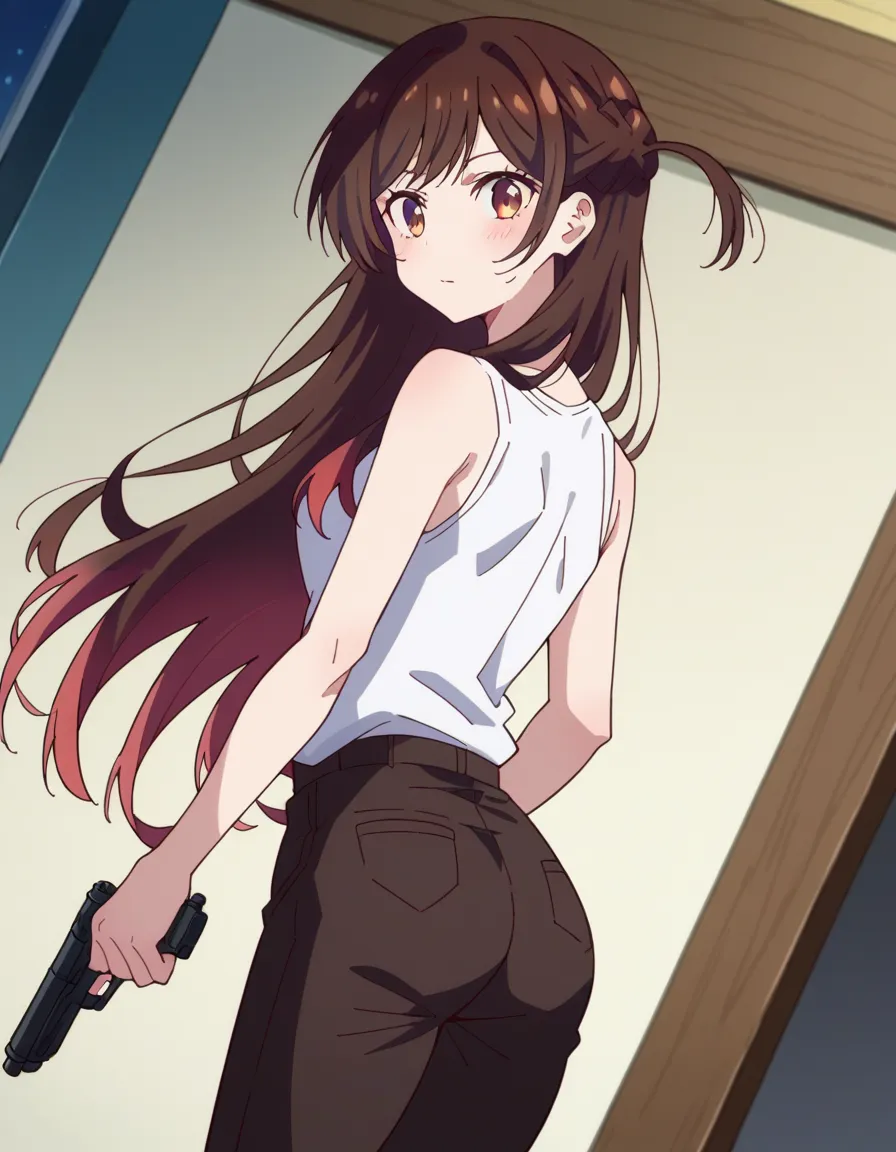 score_9, score_8_up , score_7_up , source_anime,
chizuruichinose, chizuru ichinose, long hair, bangs, brown hair, brown eyes, one side up ,
white sleeveless,black skinny pants
Inside the fortress、Hold a gun、Turn your buttocks
Looking at viewer, cowboy shot...