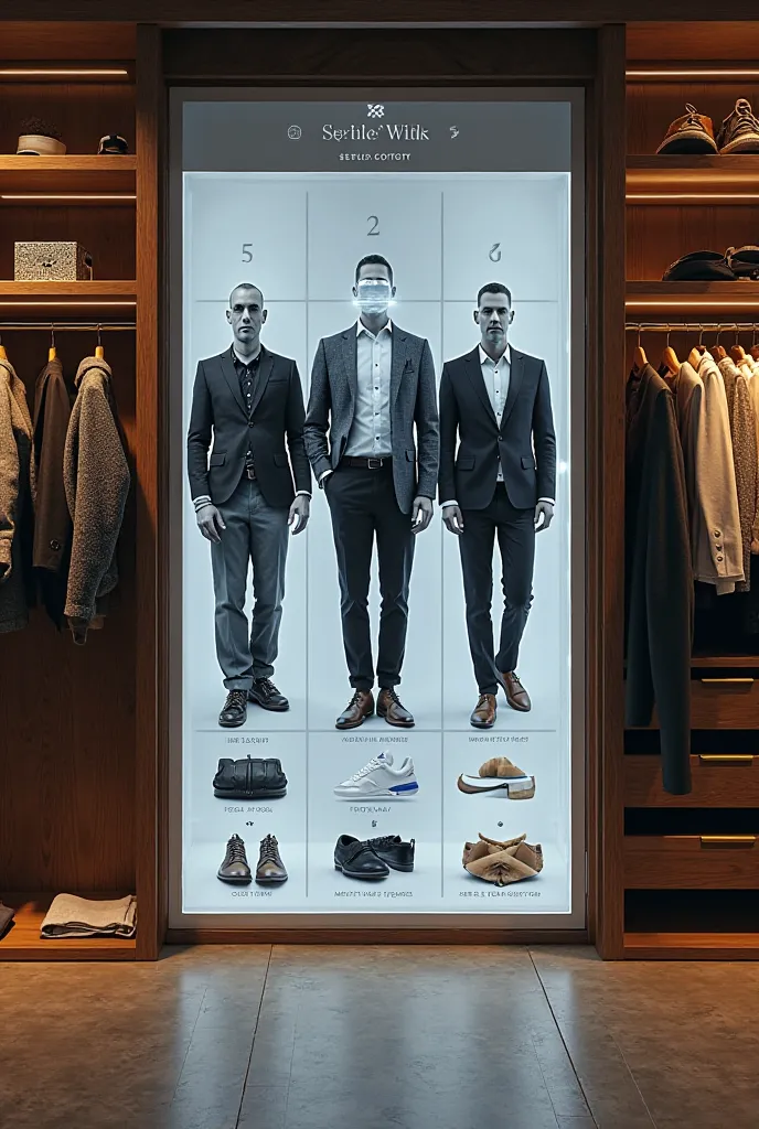 Create more images of a walk-in closet where at the entrance there is a large screen where you can generate combinations for outfits, There are three outfits for men on the screen